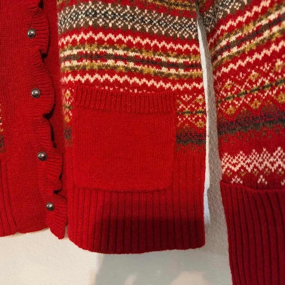 Eddie Bauer Button Front Lambs Wool Cardigan Sweater Size Small Red Fair Isle